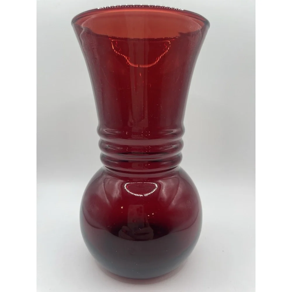 Anchor Hocking Royal‎ Ruby Red Glass Flower Vase- Ribbed Ring Bulb Base VTG 6.5